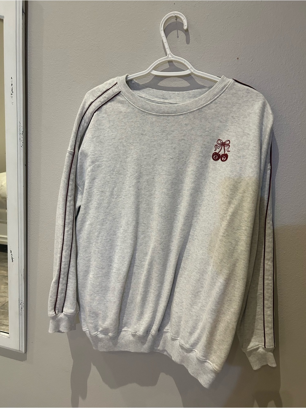Aeropostale Light Gray Crewneck Sweater with Maroon Cherry Accent